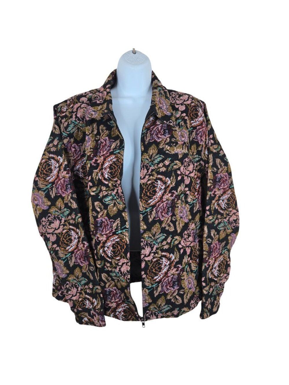 Vintage 90s Floral Tapestry Full Zip Jacket Womens M Black Multicolor Roses Over